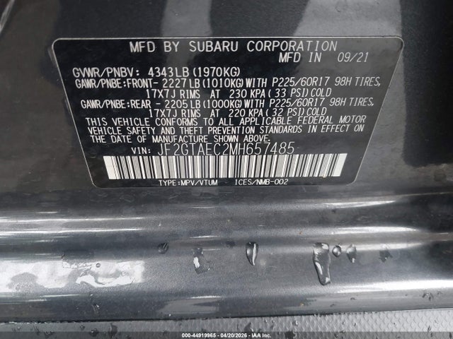 Продажа на аукционе авто 2021 Subaru Crosstrek Premium, vin: JF2GTAEC2MH657485, номер лота: 44919965