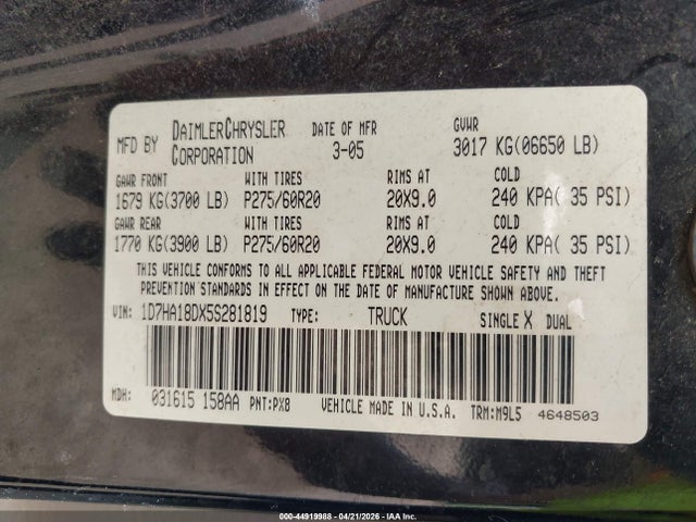 2005 Dodge Ram 1500 Slt/laramie მანქანა იყიდება აუქციონზე, vin: 1D7HA18DX5S281819, აუქციონის ნომერი: 44919988