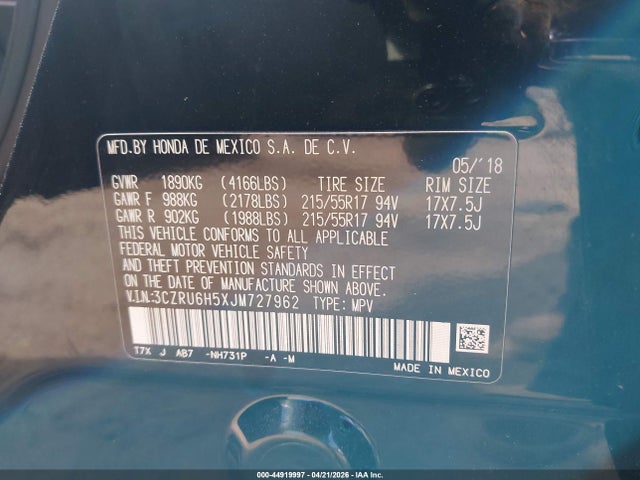 2018 Honda Hr-v Ex მანქანა იყიდება აუქციონზე, vin: 3CZRU6H5XJM727962, აუქციონის ნომერი: 44919997