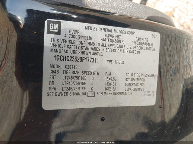 2008 Chevrolet Silverado 2500hd Lt1 მანქანა იყიდება აუქციონზე, vin: 1GCHC23628F177311, აუქციონის ნომერი: 44920034
