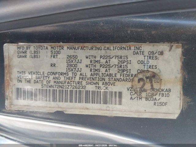 44920041 :رقم المزاد ، 5TEWN72N21Z726232 vin ، 2001 Toyota Tacoma Base V6 مزاد بيع