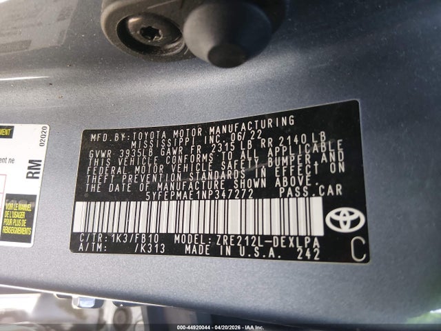 5YFEPMAE1NP347272 Toyota COROLLA LE