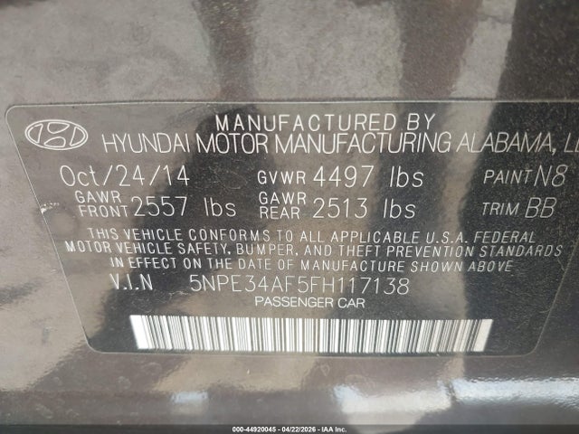 Aukcja sprzedaży 2015 Hyundai Sonata Sport, vin: 5NPE34AF5FH117138, numer aukcji: 44920045