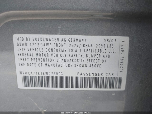 Auction sale of the 2008 Volkswagen Rabbit S, vin: WVWCA71K18W079903, lot number: 44920049