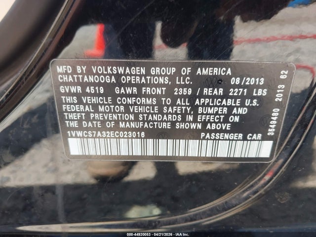 44920053 :رقم المزاد ، 1VWCS7A32EC023016 vin ، 2014 Volkswagen Passat 1.8t Sel Premium مزاد بيع