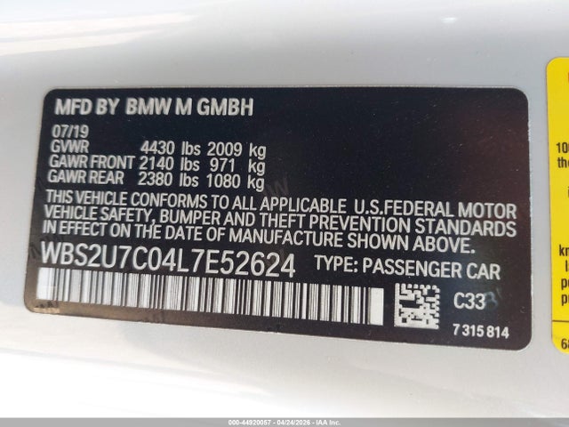 44920057 :رقم المزاد ، WBS2U7C04L7E52624 vin ، 2020 Bmw M2 Competition مزاد بيع