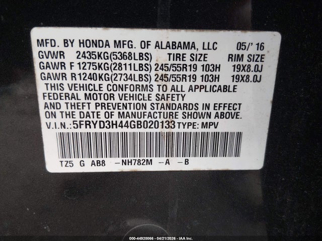 Aukcja sprzedaży 2016 Acura Mdx Technology   Acurawatch Plus Packages/technology Package, vin: 5FRYD3H44GB020133, numer aukcji: 44920066