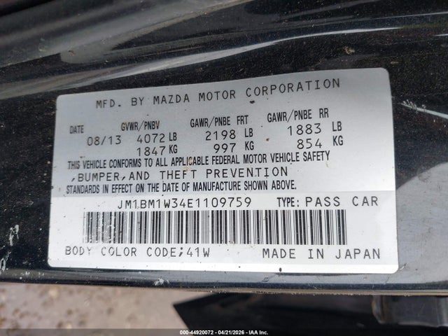 44920072 :رقم المزاد ، JM1BM1W34E1109759 vin ، 2014 Mazda Mazda3 S Grand Touring مزاد بيع