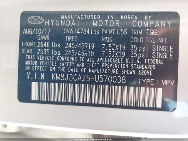 Продаж на аукціоні авто 2017 Hyundai Tucson Value, vin: KM8J3CA25HU570038, номер лоту: 44920083