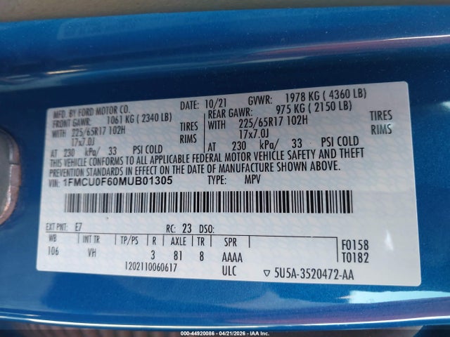 1FMCU0F60MUB01305 Ford ESCAPE S