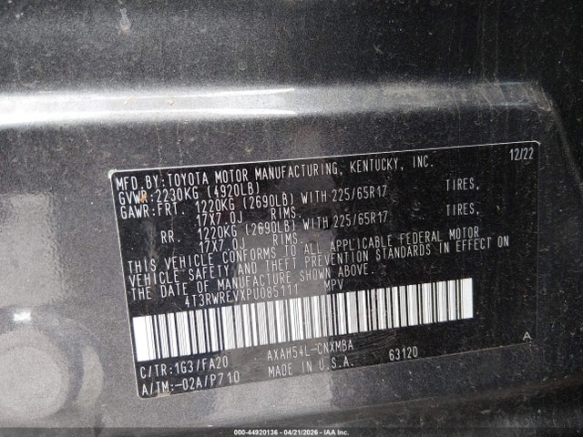 4T3RWRFVXPU085111 Toyota Rav4 Hybrid Xle