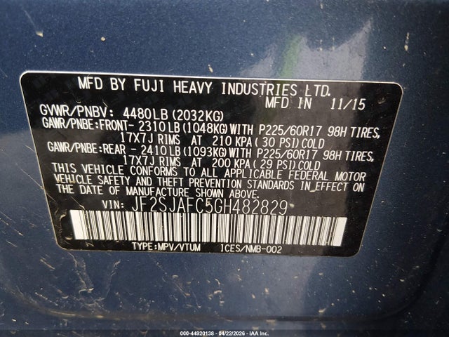 Продаж на аукціоні авто 2016 Subaru Forester 2.5i Premium, vin: JF2SJAFC5GH482829, номер лоту: 44920138
