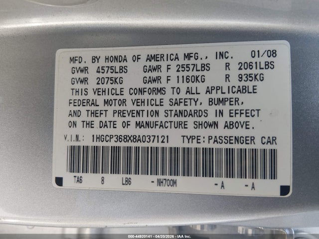 Aukcja sprzedaży 2008 Honda Accord 3.5 Ex-l, vin: 1HGCP368X8A037121, numer aukcji: 44920141