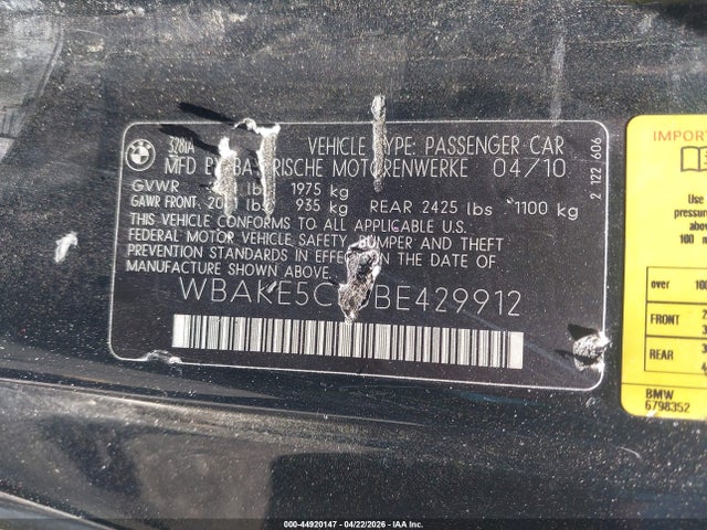 2011 Bmw 328i მანქანა იყიდება აუქციონზე, vin: WBAKE5C53BE429912, აუქციონის ნომერი: 44920147