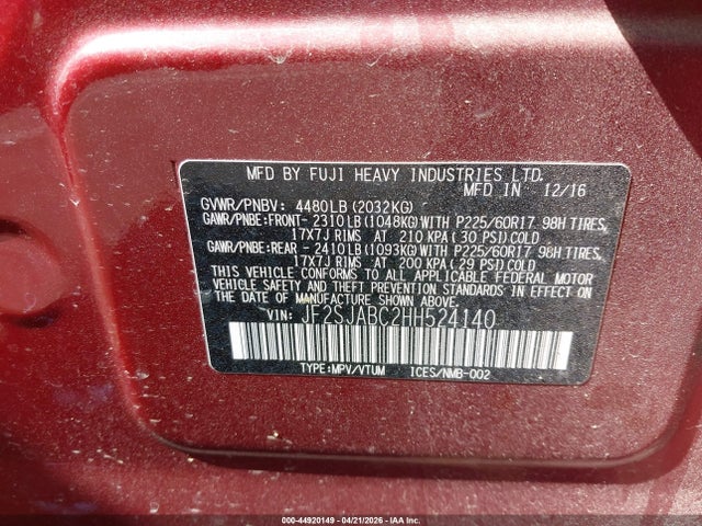 Продаж на аукціоні авто 2017 Subaru Forester 2.5i, vin: JF2SJABC2HH524140, номер лоту: 44920149