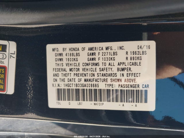 Aukcja sprzedaży 2016 Honda Accord Lx-s, vin: 1HGCT1B33GA009685, numer aukcji: 44920150