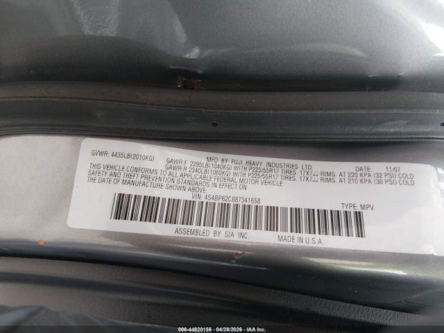 Aukcja sprzedaży 2008 Subaru Outback 2.5i Limited/2.5i Limited L.l. Bean Edition, vin: 4S4BP62C887341658, numer aukcji: 44920156