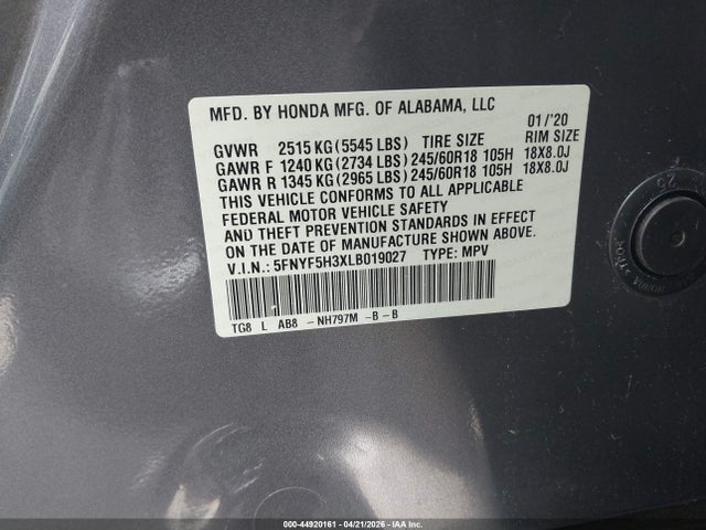 Продаж на аукціоні авто 2020 Honda Pilot 2wd Ex, vin: 5FNYF5H3XLB019027, номер лоту: 44920161
