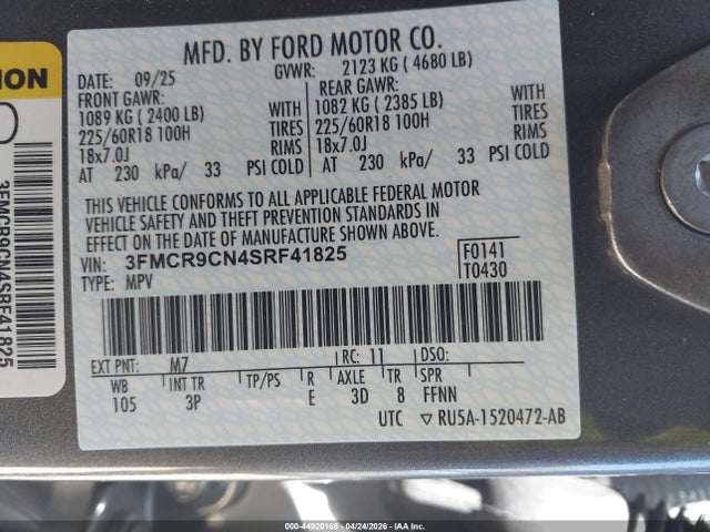2025 Ford Bronco Sport Outer Banks მანქანა იყიდება აუქციონზე, vin: 3FMCR9CN4SRF41825, აუქციონის ნომერი: 44920166