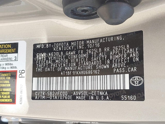 44920167 :رقم المزاد ، 4T1BF1FK4HU686162 vin ، 2017 Toyota Camry Le مزاد بيع