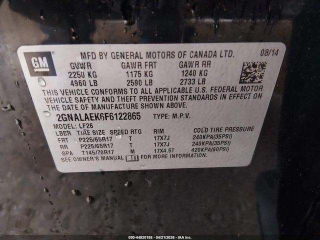 Aukcja sprzedaży 2015 Chevrolet Equinox Ls, vin: 2GNALAEK6F6122865, numer aukcji: 44920188