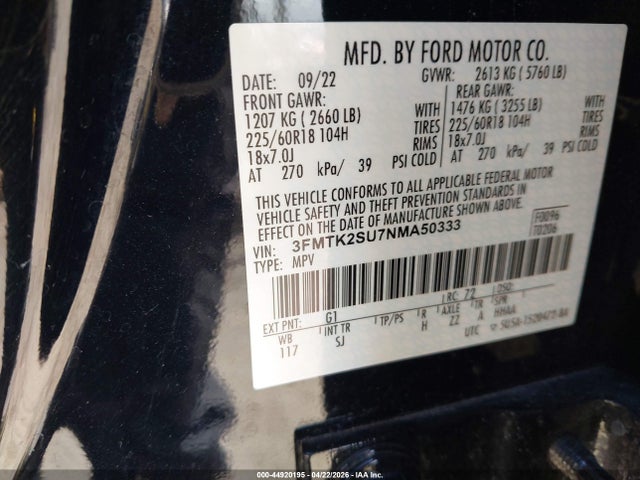 3FMTK2SU7NMA50333 Ford Mustang Mach-e California Route 1
