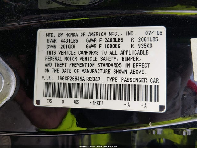 Aukcja sprzedaży 2009 Honda Accord 3.5 Ex-l, vin: 1HGCP36809A043205, numer aukcji: 44920252
