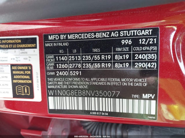2022 Mercedes-benz Glc 300 4matic Suv მანქანა იყიდება აუქციონზე, vin: W1N0G8EB8NV350077, აუქციონის ნომერი: 44920254