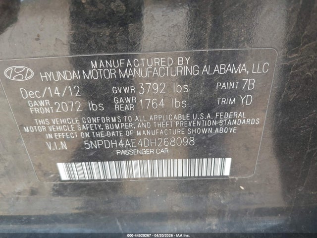 44920267 :رقم المزاد ، 5NPDH4AE4DH268098 vin ، 2013 Hyundai Elantra Limited مزاد بيع