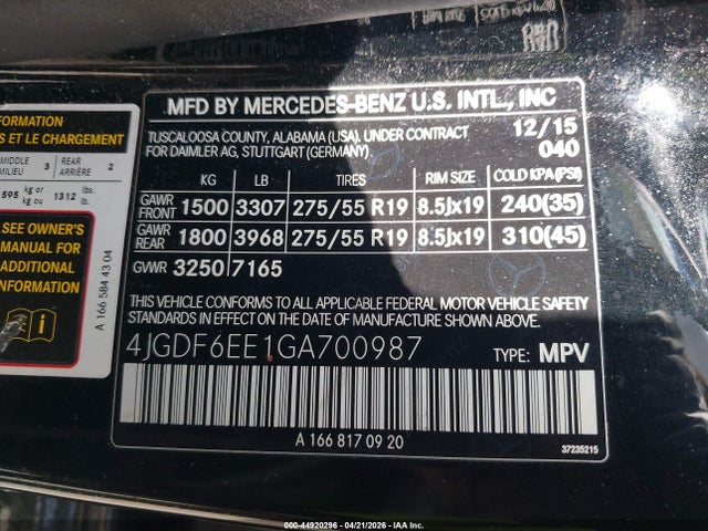 Aukcja sprzedaży 2016 Mercedes-benz Gl 450 4matic, vin: 4JGDF6EE1GA700987, numer aukcji: 44920296