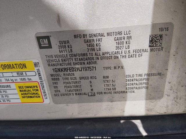 Продажа на аукционе авто 2017 Chevrolet Traverse Ls, vin: 1GNKRFED2HJ197571, номер лота: 44920318