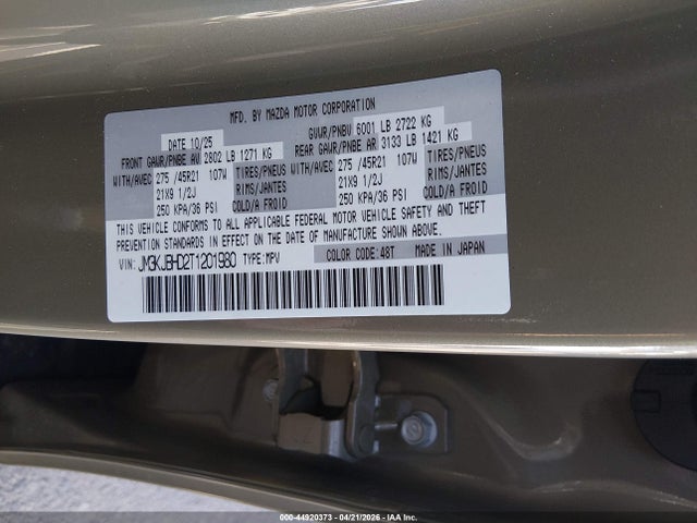 44920373 :رقم المزاد ، JM3KJBHD2T1201980 vin ، 2026 Mazda Cx-70 3.3 Turbo Preferred مزاد بيع