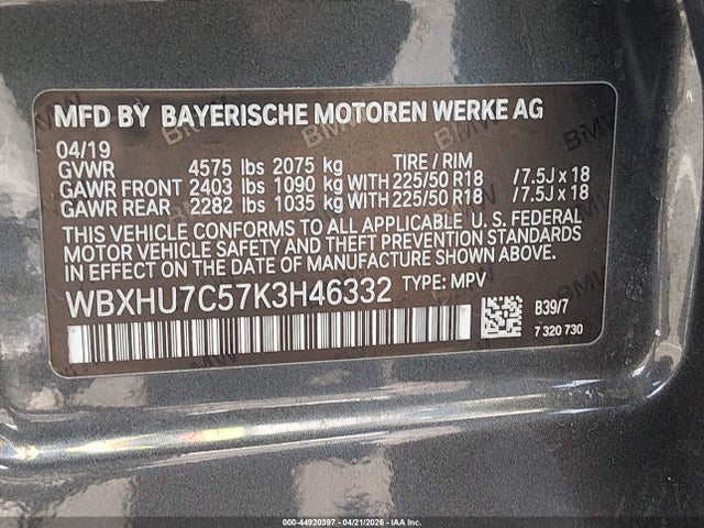 44920397 :رقم المزاد ، WBXHU7C57K3H46332 vin ، 2019 Bmw X1 Sdrive28i مزاد بيع