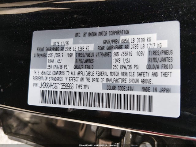 Aukcja sprzedaży 2026 Mazda Cx-90 3.3 Turbo Select, vin: JM3KKAHD9T1368988, numer aukcji: 44920411