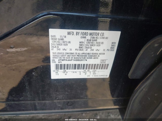 Продаж на аукціоні авто 2019 Ford Edge St, vin: 2FMPK4AP1KBB28174, номер лоту: 44920422