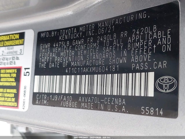 Продаж на аукціоні авто 2021 Toyota Camry Le, vin: 4T1C11AKXMU604181, номер лоту: 44920431