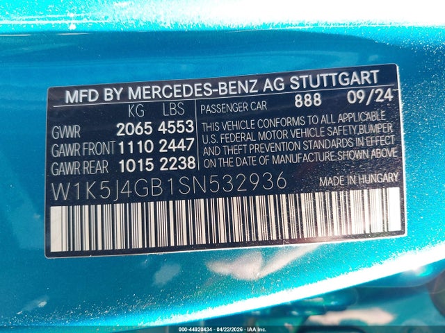 Aukcja sprzedaży 2025 Mercedes-benz Cla 250 Coupe, vin: W1K5J4GB1SN532936, numer aukcji: 44920434