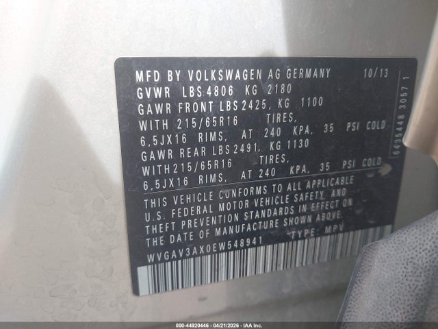 Продаж на аукціоні авто 2014 Volkswagen Tiguan S, vin: WVGAV3AX0EW548941, номер лоту: 44920446