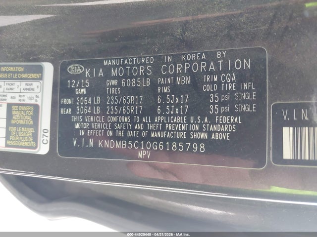 Продажа на аукционе авто 2016 Kia Sedona Lx, vin: KNDMB5C10G6185798, номер лота: 44920448