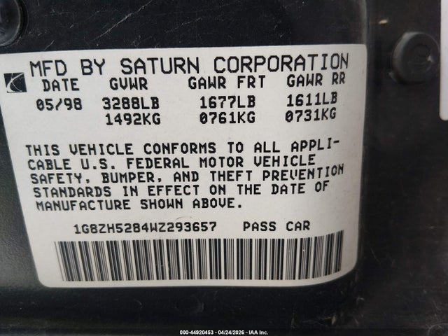 1998 Saturn Sl1 მანქანა იყიდება აუქციონზე, vin: 1G8ZH5284WZ293657, აუქციონის ნომერი: 44920453