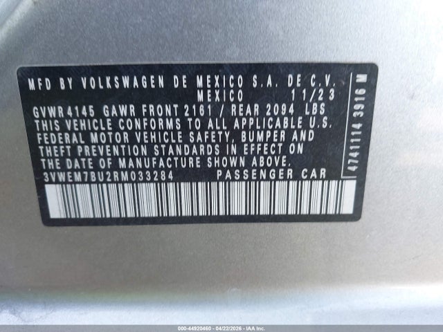 Aukcja sprzedaży 2024 Volkswagen Jetta 1.5t Se, vin: 3VWEM7BU2RM033284, numer aukcji: 44920460