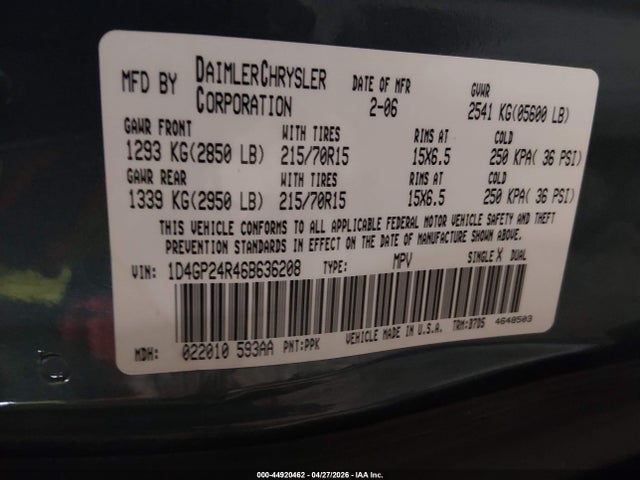 Продажа на аукционе авто 2006 Dodge Grand Caravan Se, vin: 1D4GP24R46B636208, номер лота: 44920462