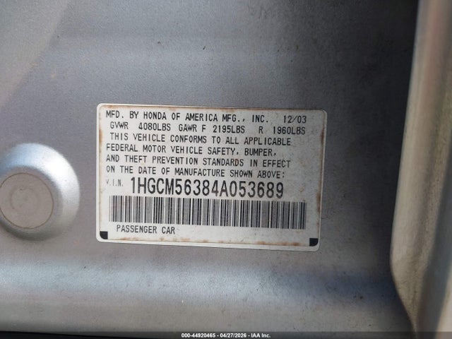 2004 Honda Accord 2.4 Lx მანქანა იყიდება აუქციონზე, vin: 1HGCM56384A053689, აუქციონის ნომერი: 44920465