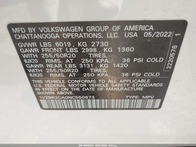 1V2BR2CA0NC550673 Volkswagen Atlas 3.6l V6 Sel