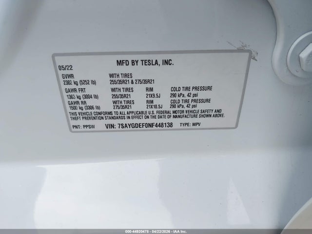 7SAYGDEF0NF448138 Tesla Model Y Performance Dual Motor All-wheel Drive