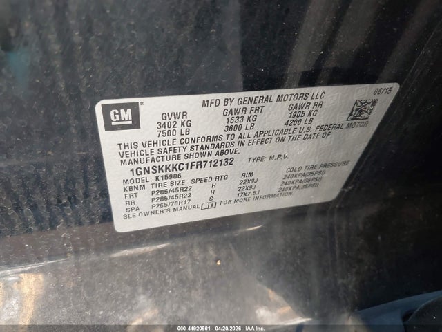 2015 Chevrolet Suburban 1500 Ltz მანქანა იყიდება აუქციონზე, vin: 1GNSKKKC1FR712132, აუქციონის ნომერი: 44920501