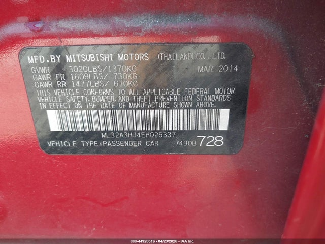 Продаж на аукціоні авто 2014 Mitsubishi Mirage De, vin: ML32A3HJ4EH025337, номер лоту: 44920516