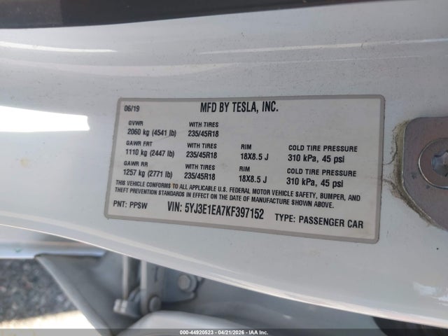 44920523 :رقم المزاد ، 5YJ3E1EA7KF397152 vin ، 2019 Tesla Model 3 Long Range/mid Range/standard Range/standard Range Plus مزاد بيع