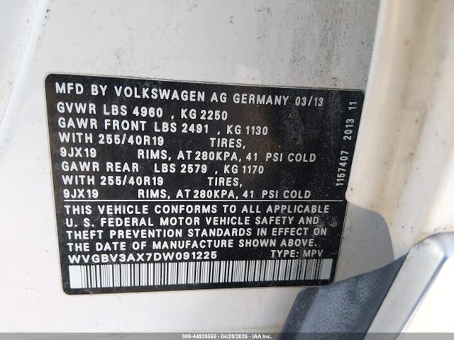 Aukcja sprzedaży 2013 Volkswagen Tiguan Sel, vin: WVGBV3AX7DW091225, numer aukcji: 44920565