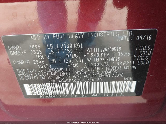 44920628 :رقم المزاد ، 4S4BSAKC5H3250159 vin ، 2017 Subaru Outback 2.5i Limited مزاد بيع